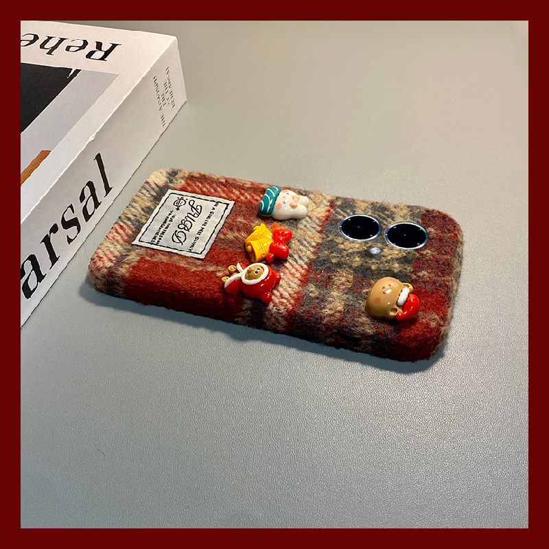 手机壳秋冬绒布红色格子圣诞铃铛兔子小熊