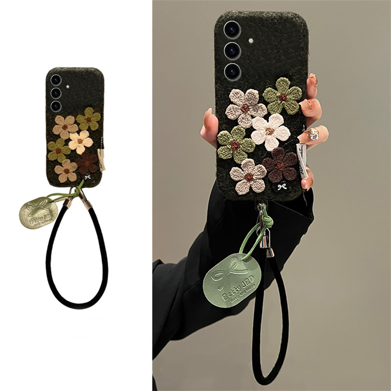 手机壳秋冬绒布ins风立体绿色花朵挂件皮绳