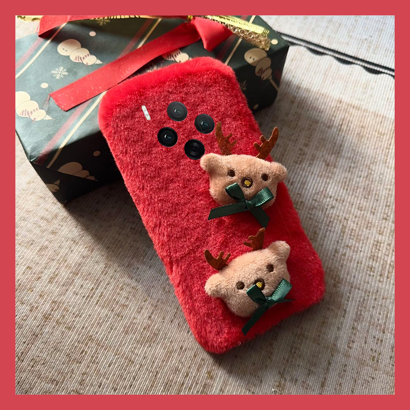 手机壳秋冬毛绒红色卡通毛茸茸圣诞节麋鹿