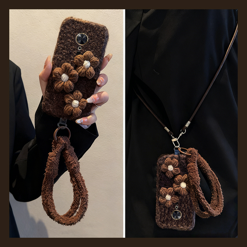 手机壳秋冬毛绒针织毛绒花朵尼龙绳斜跨挂绳