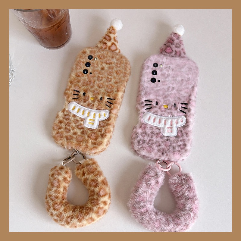 手机壳秋冬毛绒豹纹卡通圣诞帽子