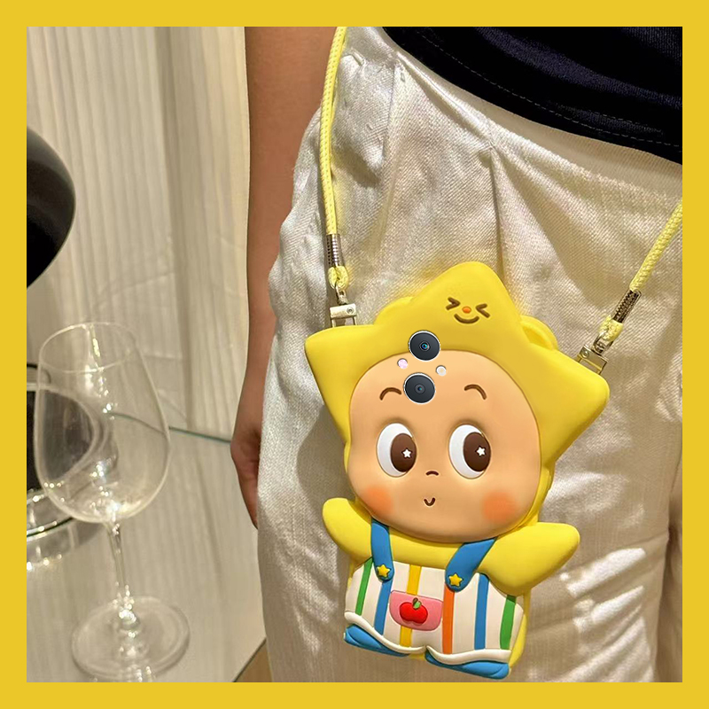 手机壳硅胶可爱卡通呆萌背带裤星星人带斜跨