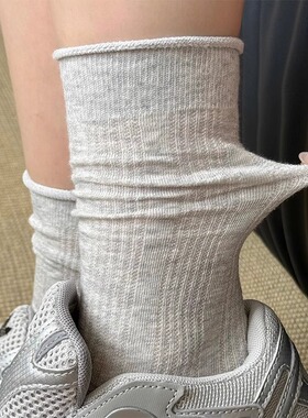 袜子女夏薄款网眼竖纹日系中筒袜纯棉精梳棉透气吸汗无骨堆堆袜