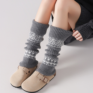 费尔岛袜套女秋冬复古针织腿套保暖配雪地靴打底裤 堆堆袜灰色袜套