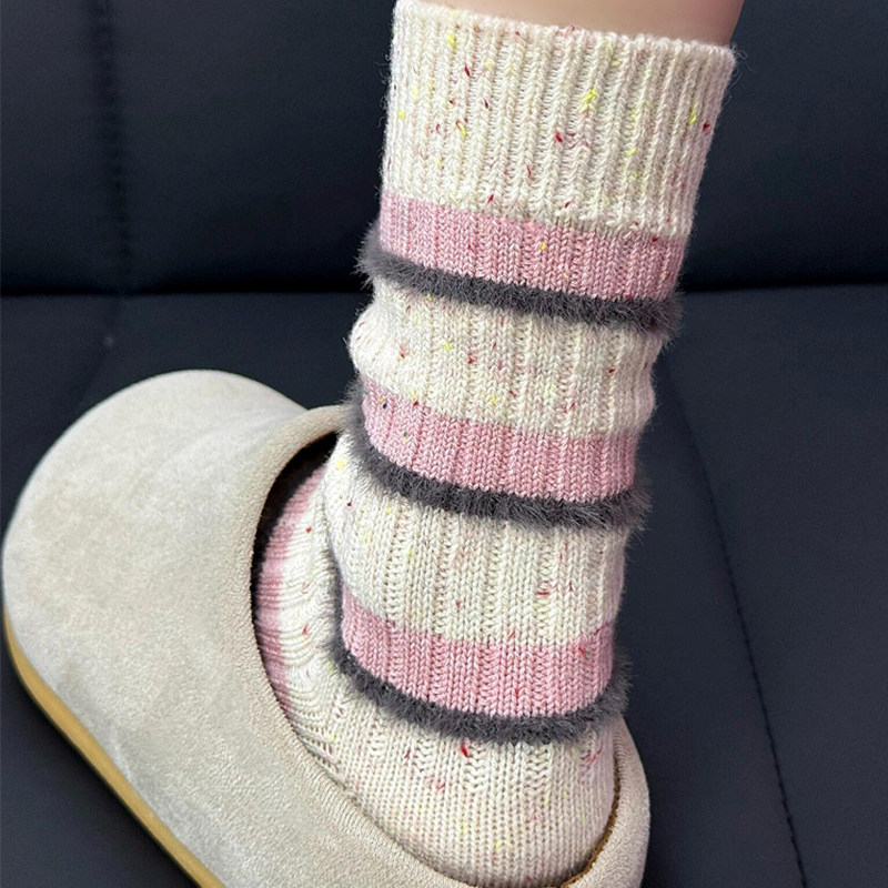 羊毛袜子女秋冬季加厚保暖羊绒袜冬天条纹粗线堆堆袜抗起球中筒袜