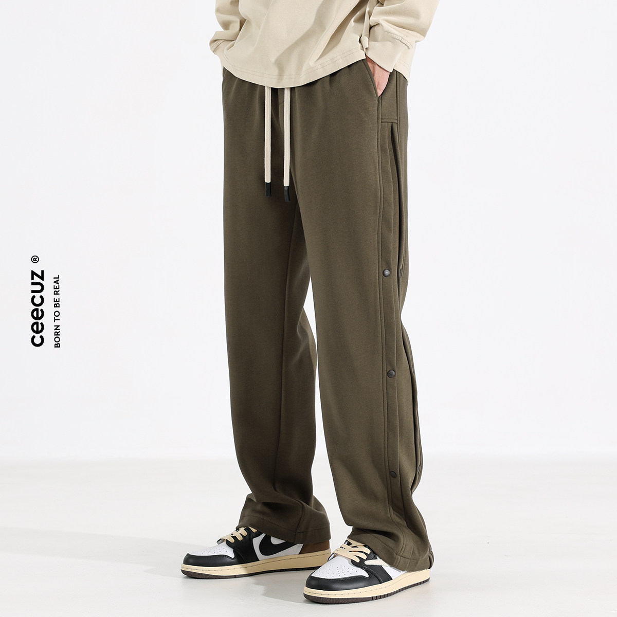 Ceecuz重磅垂感春秋新款宽松直筒运动卫裤男款美式潮牌排扣休闲裤