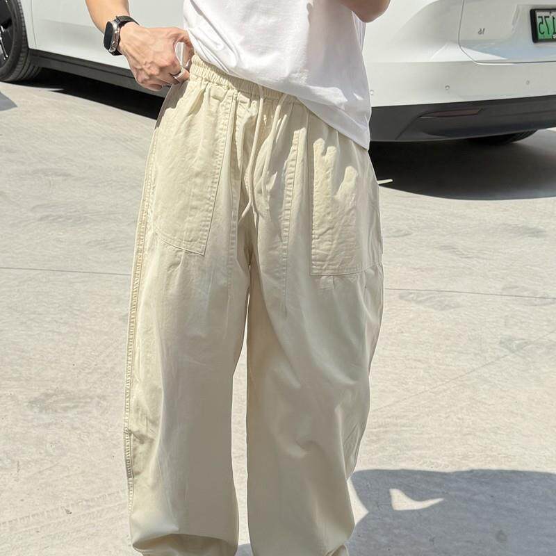 美式工装裤纯棉男宽松阔腿休闲长裤米色松紧腰带直筒裤
