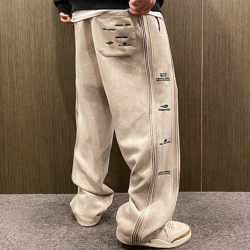 MXD UGLY美式潮牌复古做旧水洗脏脏灰直筒裤男秋冬季加绒抽绳卫裤