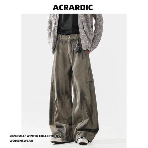 ACRARDIC潮牌褶皱工装裤 美式小众做旧长裤 男女街头宽松牛仔裤 2