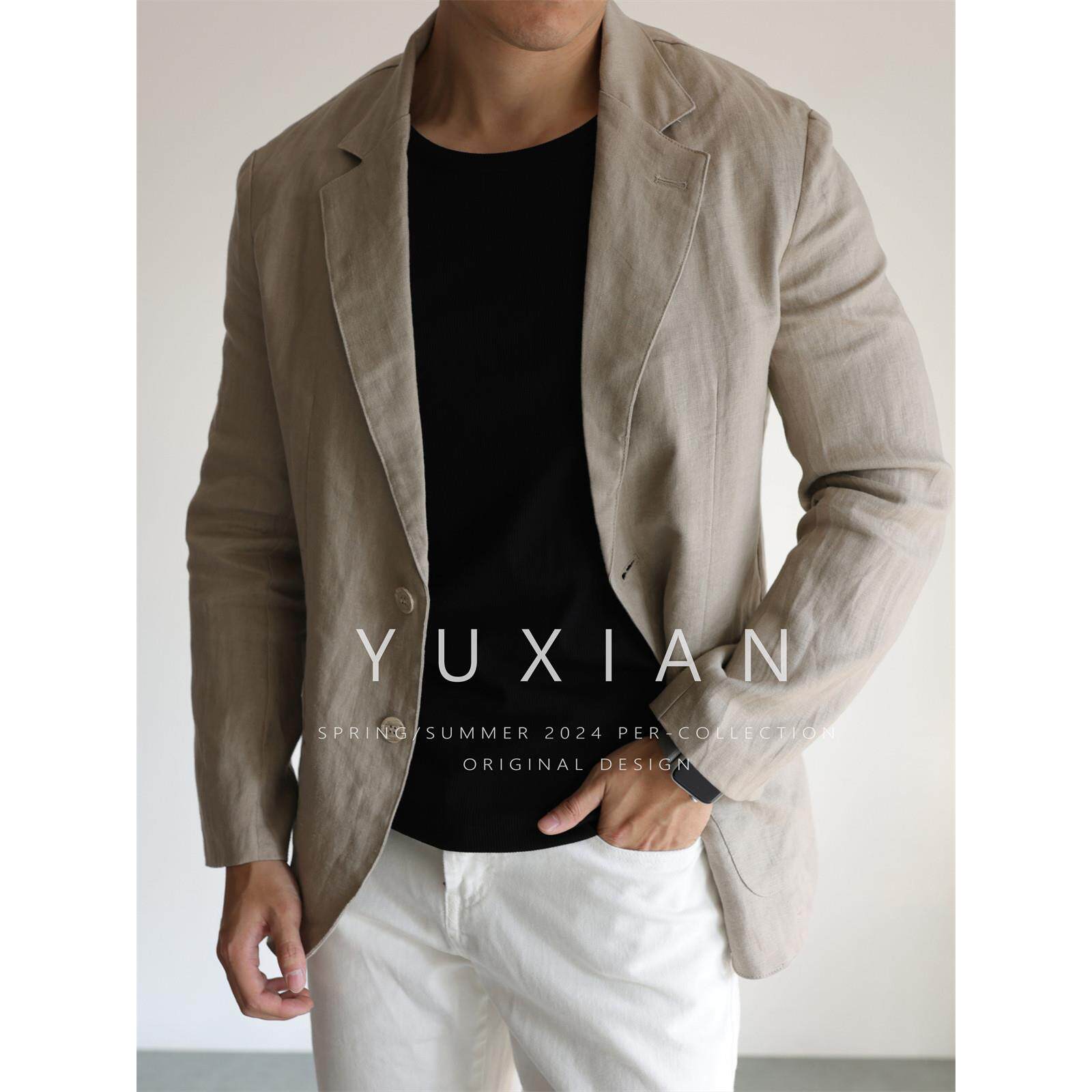 YUXIAN春夏100%亚麻休闲商务西装薄款修身男士西服外套通勤透气