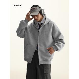XAKA基础款纯色开衫卫衣男春秋冬新款加绒加厚双拉链宽松连帽外套