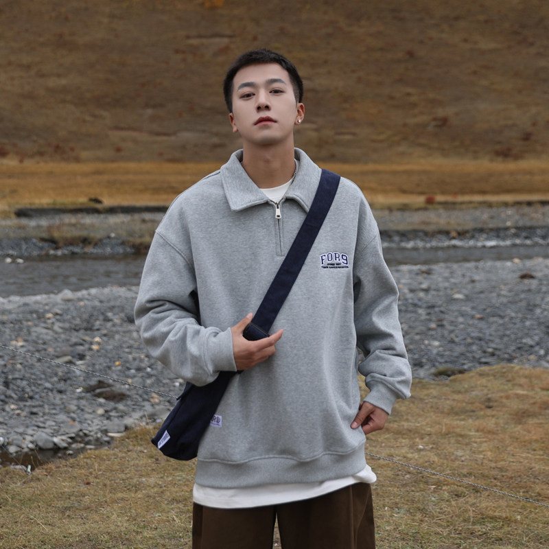 FORNINES半拉链刺绣polo领卫衣男女宽松衣服潮牌情侣休闲美式外套