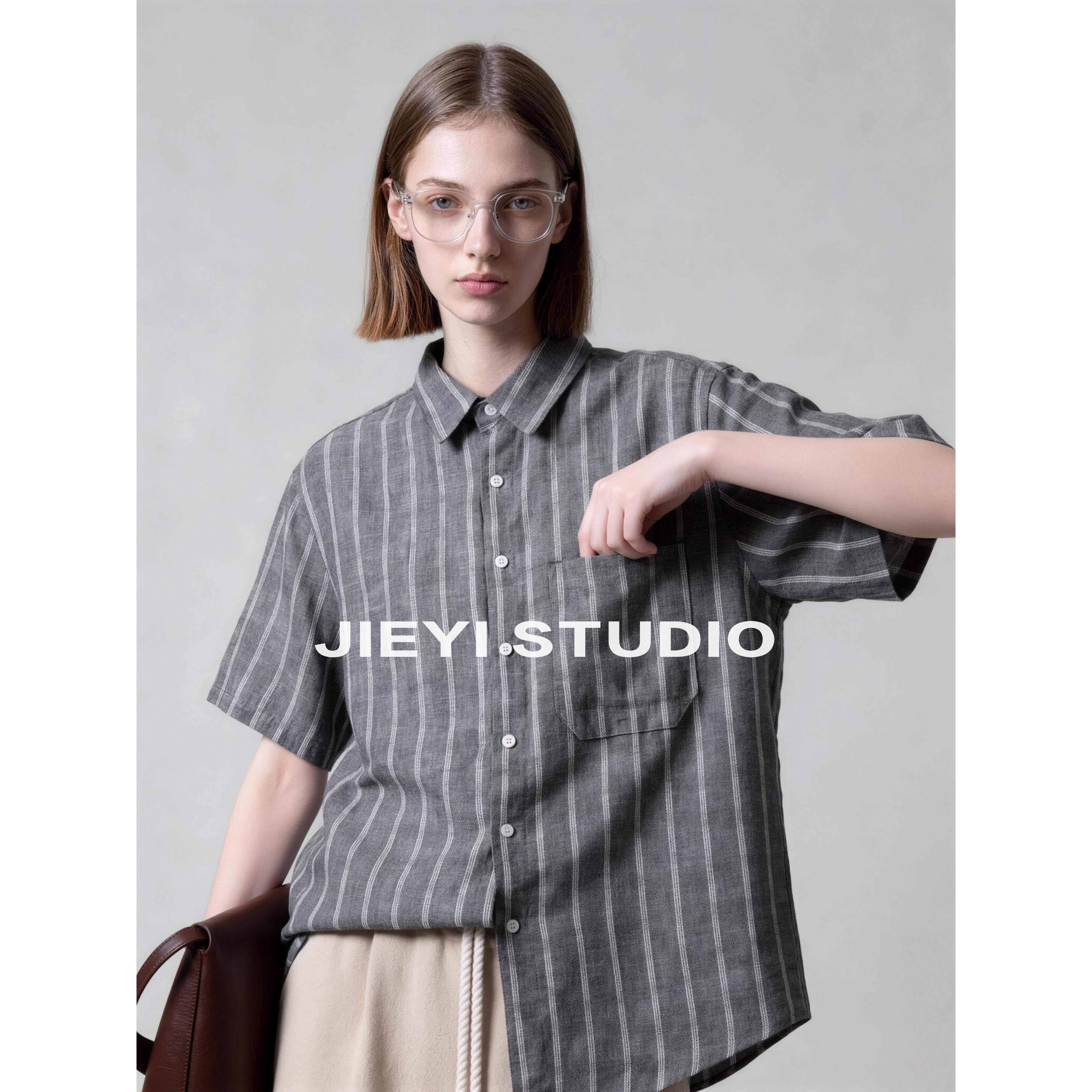 JIEYI 男士条纹翻领短袖衬衫复古天丝莱赛尔亚麻夏季通勤贴袋寸衣