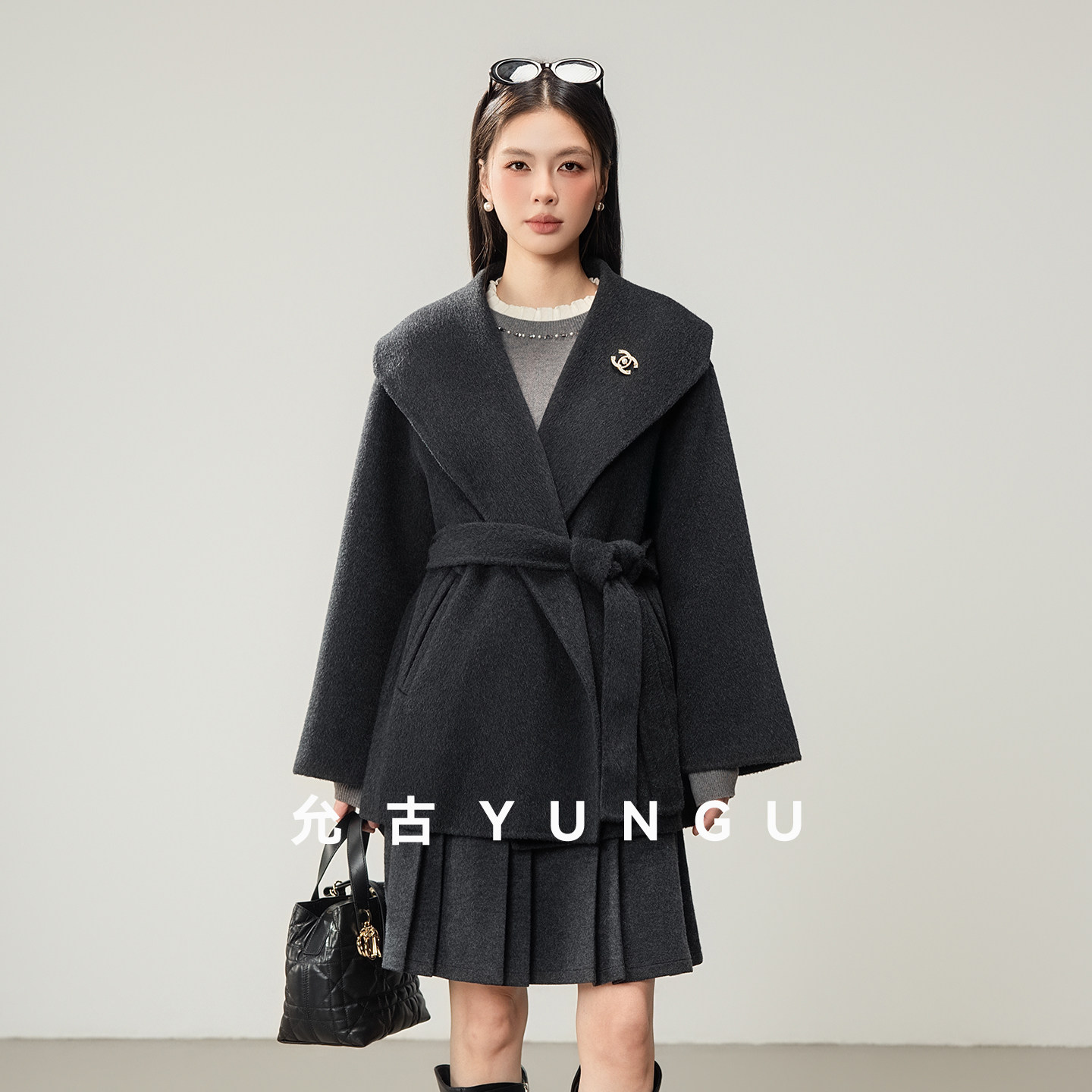 YUNGU允古【温妮大衣】秋冬山羊绒·绵羊毛双面呢大衣系带外套