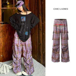 裤 男女 美式 宽松休闲格子裤 Chic网红同款 设计感阔腿裤 春季 工装 新款