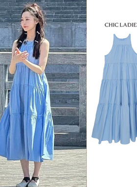 宋轶同款设计感甜美蛋糕背心无袖连衣裙女夏季海边度蓝色宽松长裙