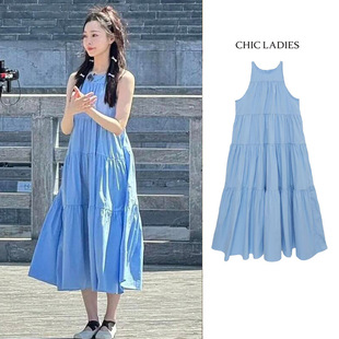 宋轶同款 海边度蓝色宽松长裙 设计感甜美蛋糕背心无袖 连衣裙女夏季