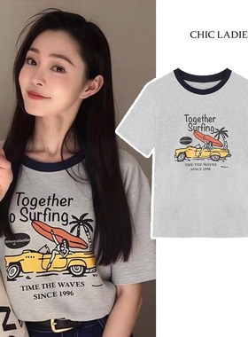 宋轶同款灰色卡通印花短袖T恤女夏季新款设计感百搭显瘦宽松上衣