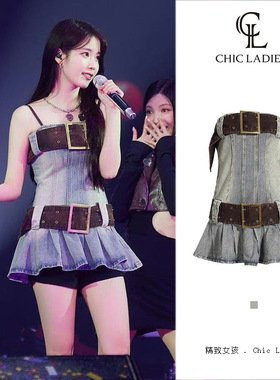 iu同款复古蓝色抹胸牛仔连衣裙女纯欲收腰显瘦一字领辣妹百褶短裙