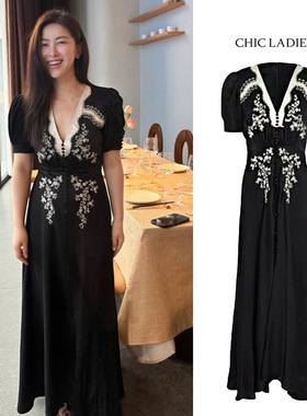 朱珠同款黑色法式v领短袖连衣裙女高级感钉珠气质收腰礼服长裙子