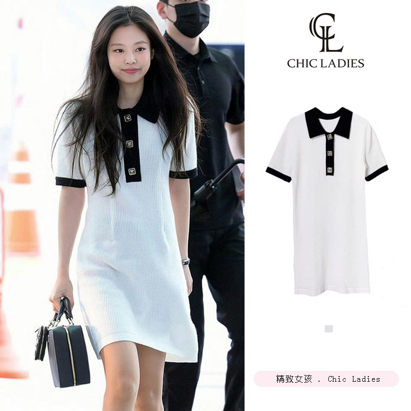 jennje金智妮同款白色小香风polo领针织短袖连衣裙女收腰气质短裙