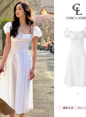 周洁琼同款法式方领泡泡袖连衣裙女夏收腰显瘦中长款开叉a字裙仙