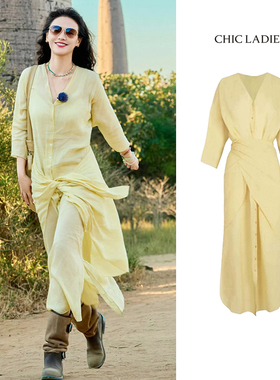 马思纯花少同款棉麻黄色法式V领连衣裙女设计感收腰显瘦气质长裙