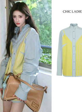 鞠婧祎同款设计感蓝色印花衬衫外套女早秋Polo领衬衣宽松长袖上衣