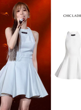 王心凌同款圆领白色无袖连衣裙女夏新款法式气质收腰短款背心裙子