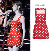 吊带连衣裙女夏季 王心凌同款 红色波点印花无袖 显瘦气质包臀短裙子