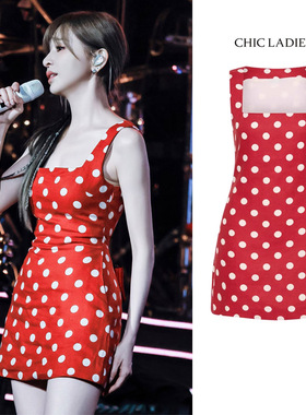 王心凌同款红色波点印花无袖吊带连衣裙女夏季显瘦气质包臀短裙子