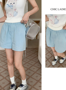 Chic韩系穿搭蓝色运动短裤女夏季2025新款三分裤宽松阔腿休闲裤子