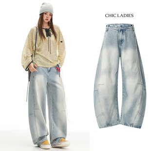 宽松显瘦直筒阔腿裤 Chic 女新款 Ladies美式 复古浅蓝色弯刀牛仔裤