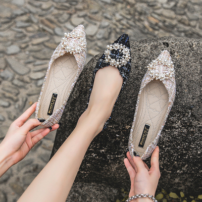 String bead round buckle flats ballet shoes women slip on sh