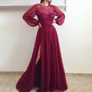 Sleeves Heavy Prom neck Dress Burgundy Long Beading Pearls