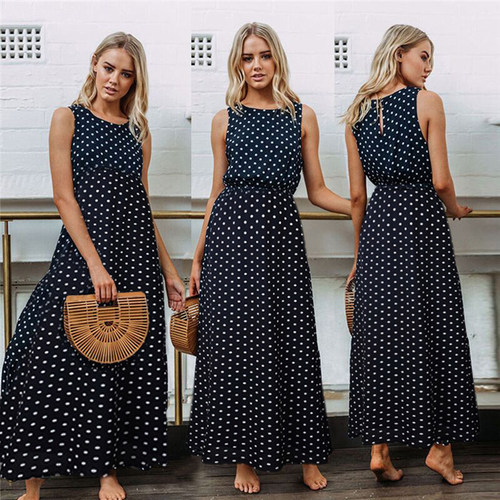 2022 Bobo Women Dark Blue Boho Loose Sleeveless Holiday Dot