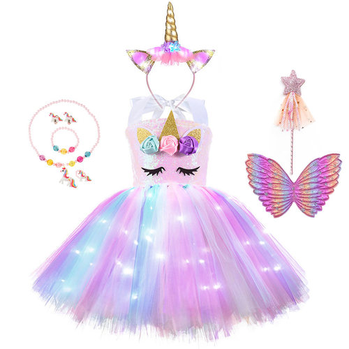 Christmas Unicorn Tutu Dress with LED Light Wings Sequins Gi