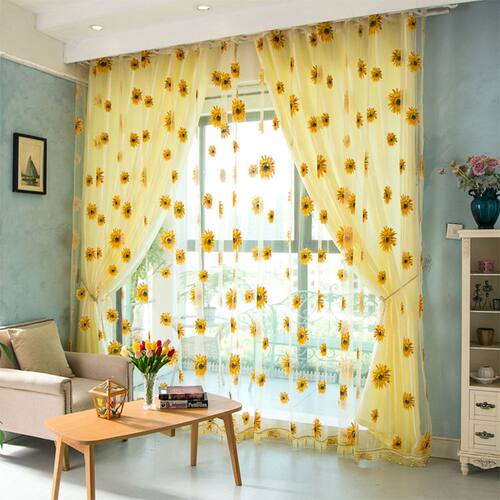 Sunflower Pattern Tulle Curtain Home Decor Voile Kitchen Bal