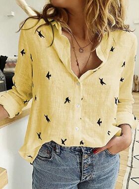 Women Blouse Autumn Leisure White Bird Print Shirts Loose Lo