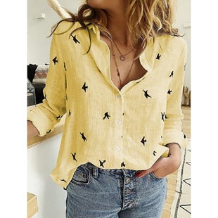Women Blouse Autumn Leisure White Bird Print Shirts Loose Lo