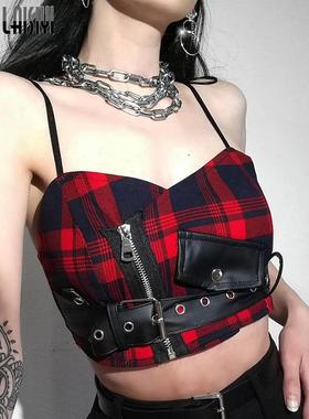 Sexy Straps Tank Top Women Gothic PU Red Plaid Streetwear Sa