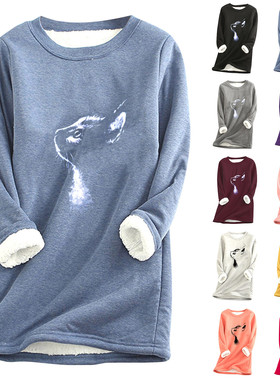 Winter Cat Printed Blouses Women Thick Fleece Printing Sweat