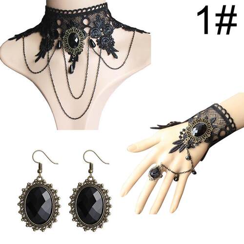 Gothic Style Jewelry Set Vintage Lace Choker Necklace Ring H