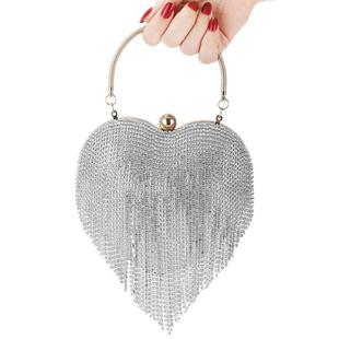 Rhinestone Evening Bag Heart Pattern Silver Clutch Womens Fa