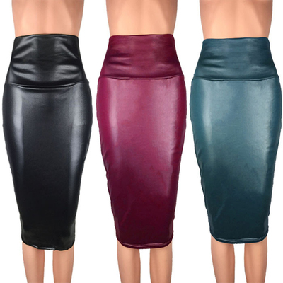 Autumn Winter PU Leather Elegant Pencil Midi Skirts Slim Hig