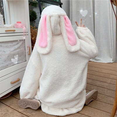Deeptown Kawaii Hoodies Women Winter Oversized Fashion Bunny