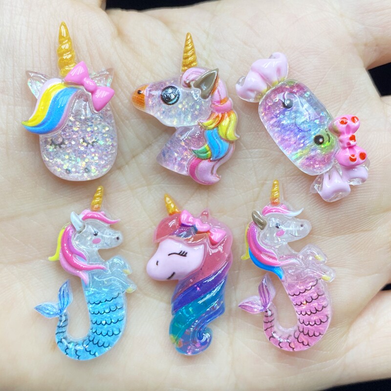 12pcs Unique Mixed shiny Unicorn / candy Flat Back Figurine