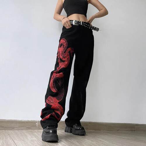 Snake Print Baggy Jeans Woman High Waist Hip Hop Denim Trous