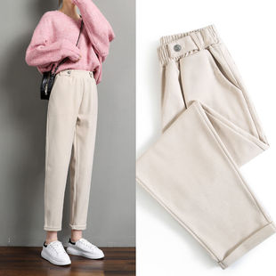 Women Woolen Pants Autumn Winter 2021 New Casual Solid Elast