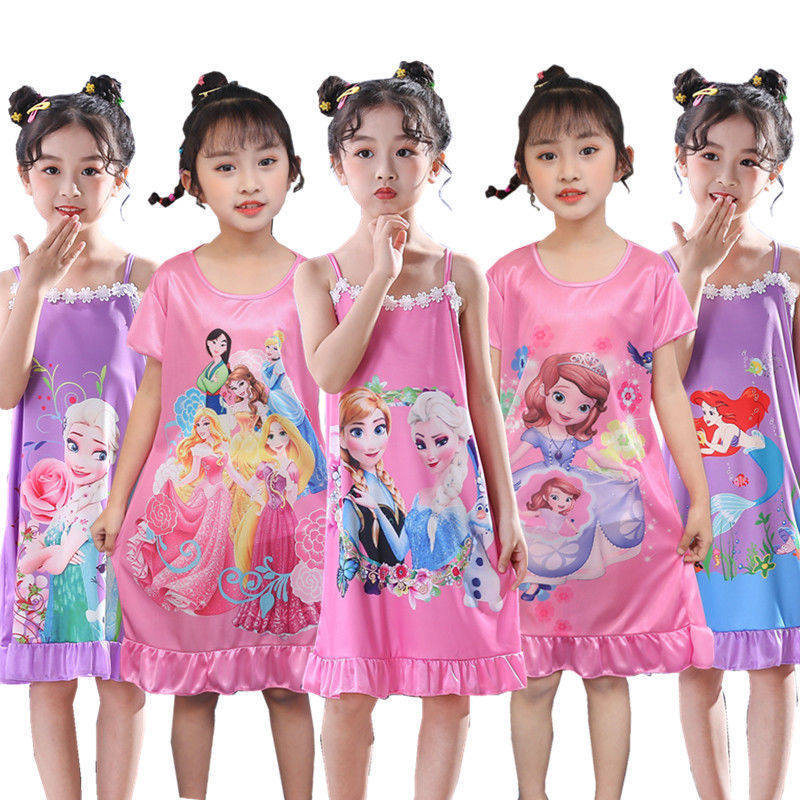 Frozen Anna Elsa Girls Ice Silk Slings Dress Summer Cartoon